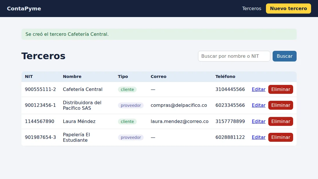 Aplicación ContaPyme mostrando la tabla de terceros y un mensaje verde de tercero creado