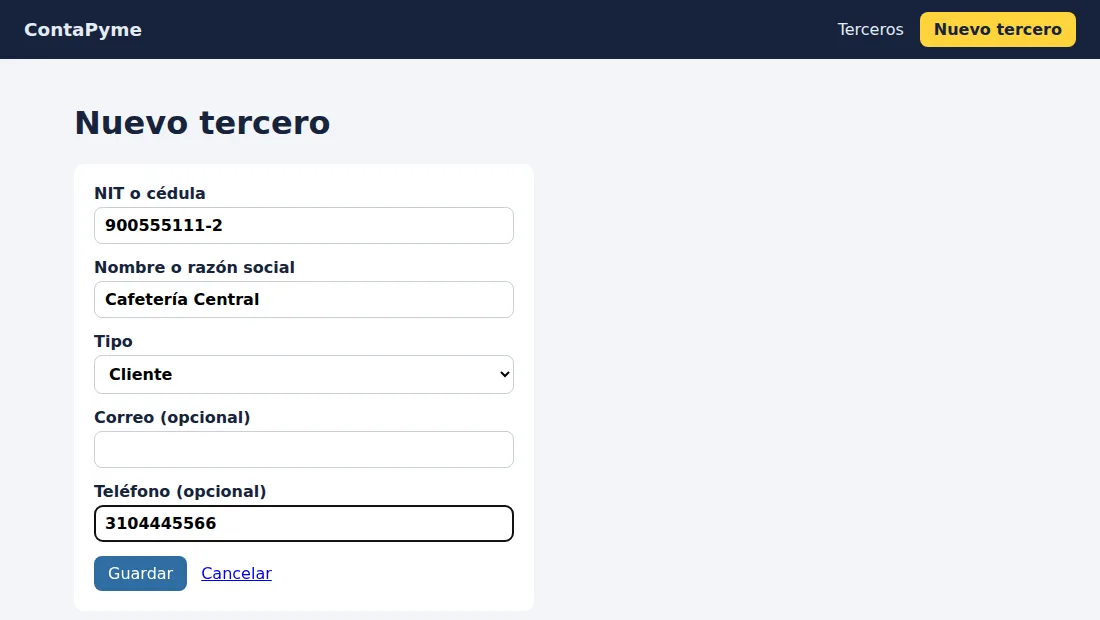 Formulario de nuevo tercero diligenciado