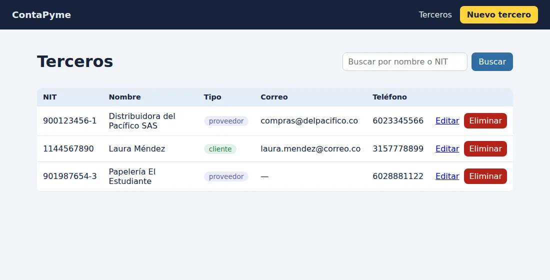 Listado de terceros con buscador, botones Editar y Eliminar