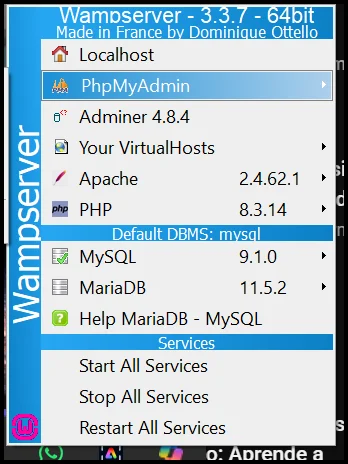 Menú de WampServer 3.3.7 con PhpMyAdmin, Apache 2.4.62, PHP 8.3.14, MySQL 9.1.0 y MariaDB 11.5.2