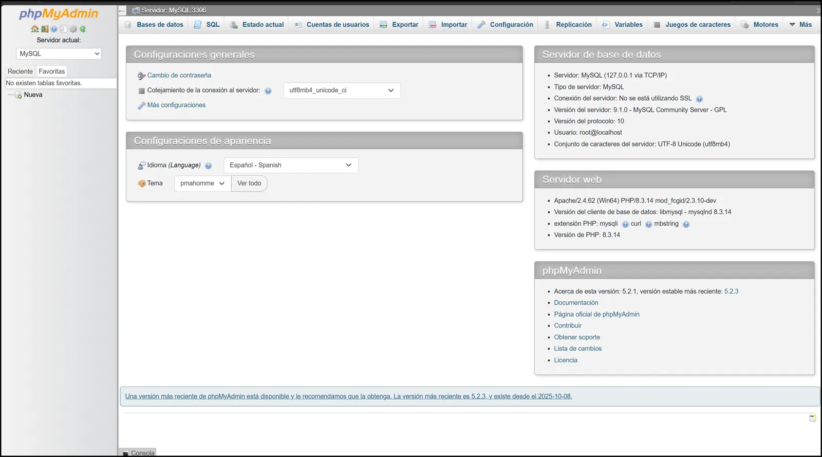 Pantalla principal de phpMyAdmin conectada al servidor MySQL 9.1.0 en el puerto 3306 con el usuario root